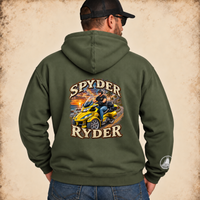 Load image into Gallery viewer, Spyder Ryder biker hoodie from 3WD Apparel, back print, Military Green