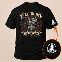 Load image into Gallery viewer, Till Death Do Us Part sugar skull biker couple t-shirt from 3WD Apparel, back print, Black