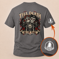 Load image into Gallery viewer, Till Death Do Us Part sugar skull biker couple t-shirt from 3WD Apparel, back print, Charcoal