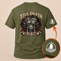 Load image into Gallery viewer, Till Death Do Us Part sugar skull biker couple t-shirt from 3WD Apparel, back print, Military Green