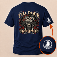 Load image into Gallery viewer, Till Death Do Us Part sugar skull biker couple t-shirt from 3WD Apparel, back print, Navy